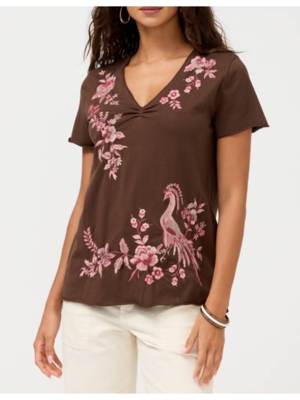 Johnny Was Women's Sz XS Brown Pleat Front Tee With Pink Floral Embroidery